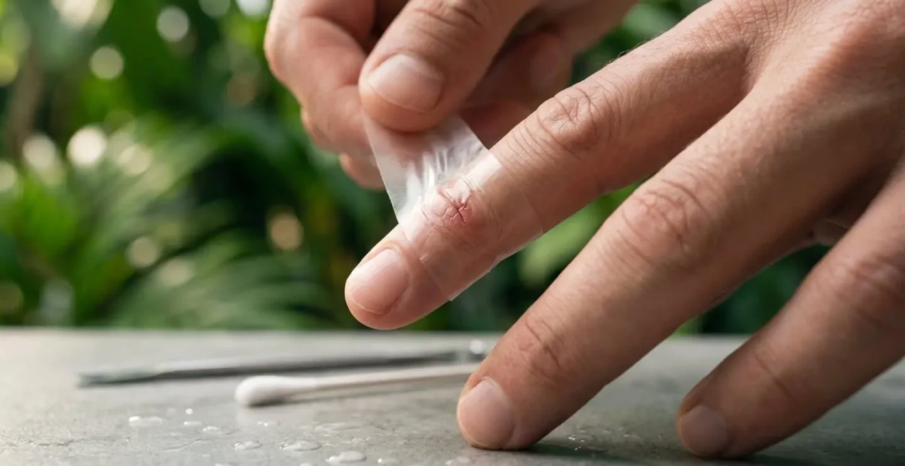 Gros plan sur des mains appliquant un pansement étanche waterproof avant une activité aquatique