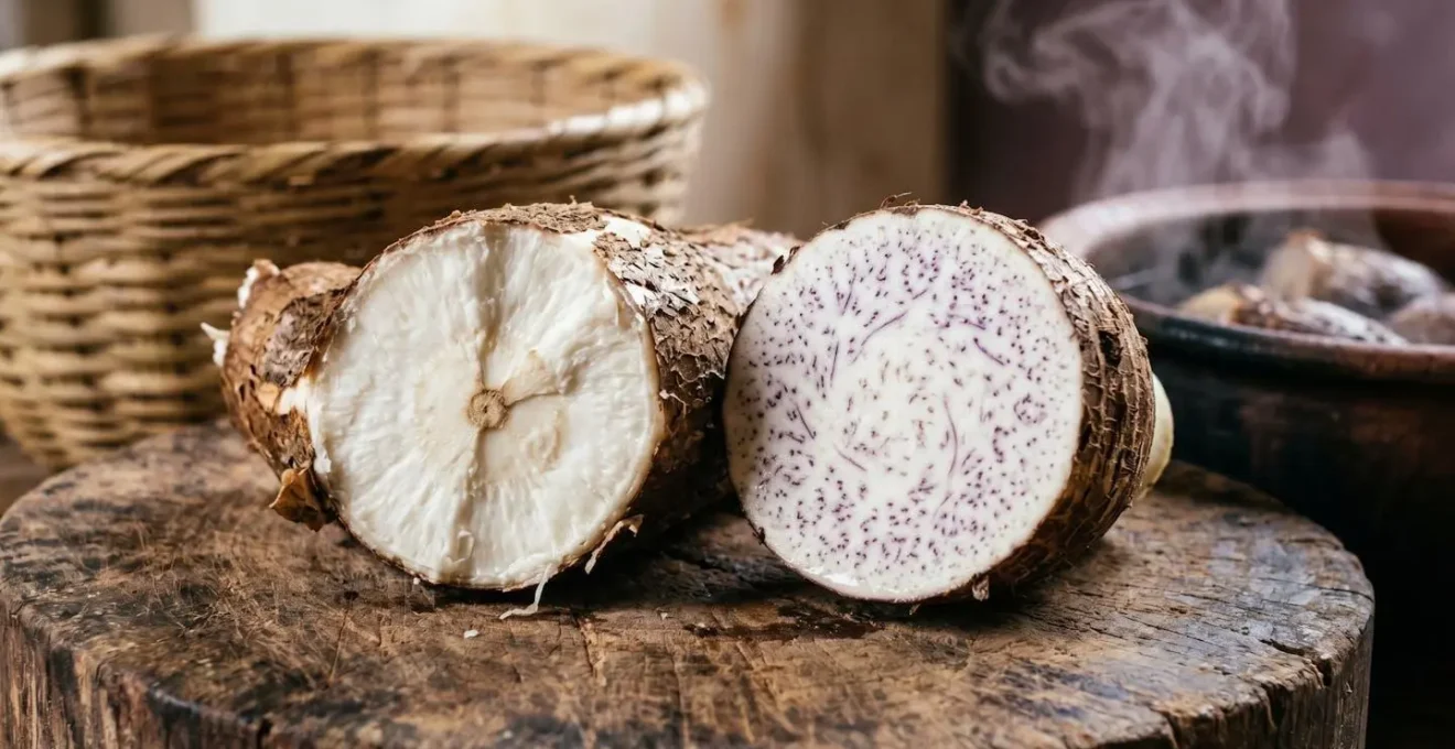 Préparation traditionnelle de racines pour le 20 décembre avec manioc et songe