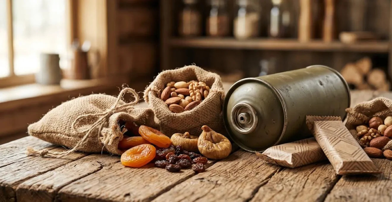 Intérieur d'une petite épicerie de montagne avec étagères de provisions et produits locaux