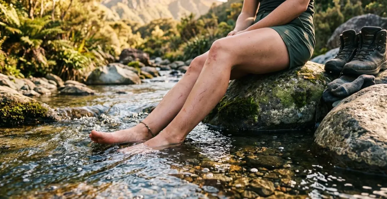 Randonneur les pieds dans une rivière de montagne cristalline entourée de rochers