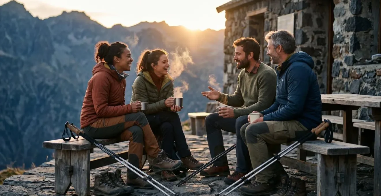 Vue atmosphérique du refuge de la Caverne Dufour au coucher du soleil avec randonneurs partageant un moment convivial