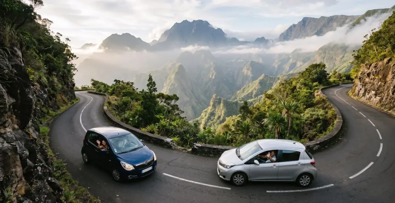 Conducteurs échangeant un signe de main sur une route étroite de montagne à La Réunion