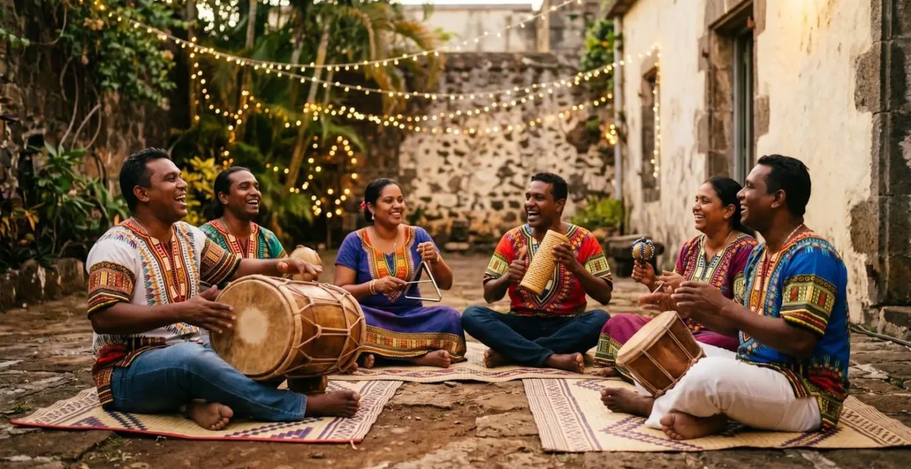 Musiciens de séga en cercle jouant du kayamb et du triangle lors d'une soirée festive