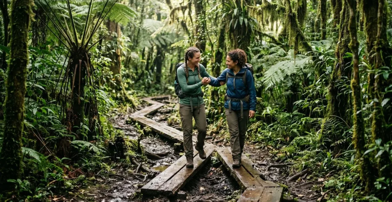 Randonneurs traversant une passerelle en bois au-dessus d'une zone boueuse dans la forêt de Bélouve