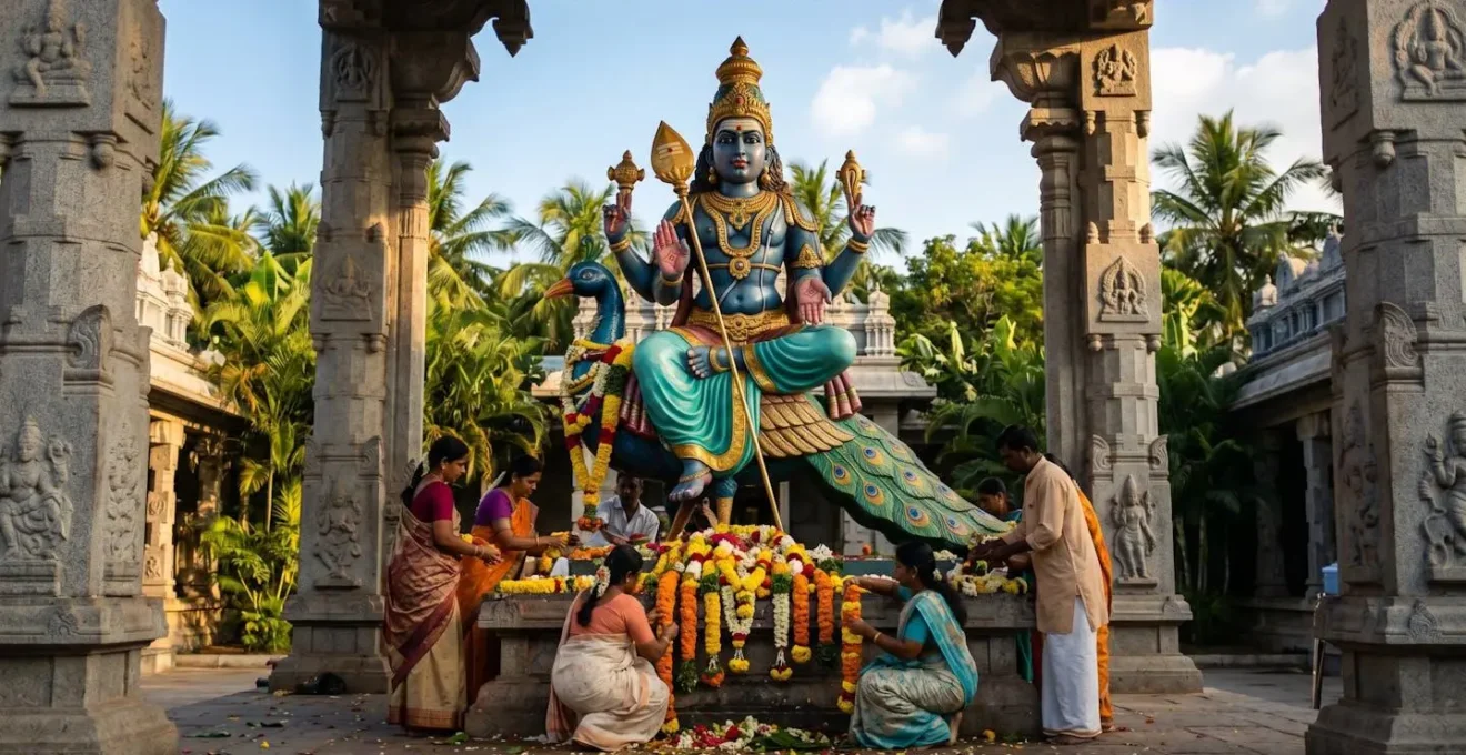 Statue colorée du dieu Muruga au Temple du Colosse avec fidèles en prière