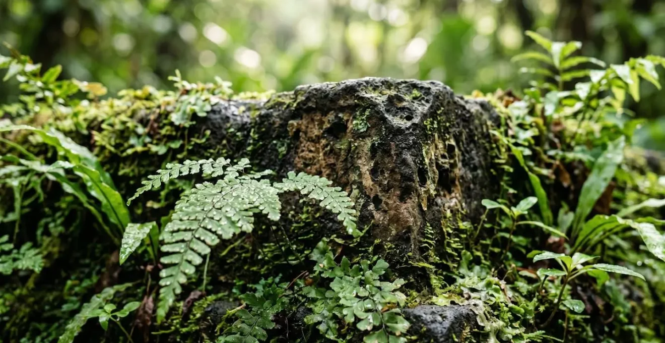 Stèle commémorative cachée dans la végétation luxuriante de la forêt du Maïdo