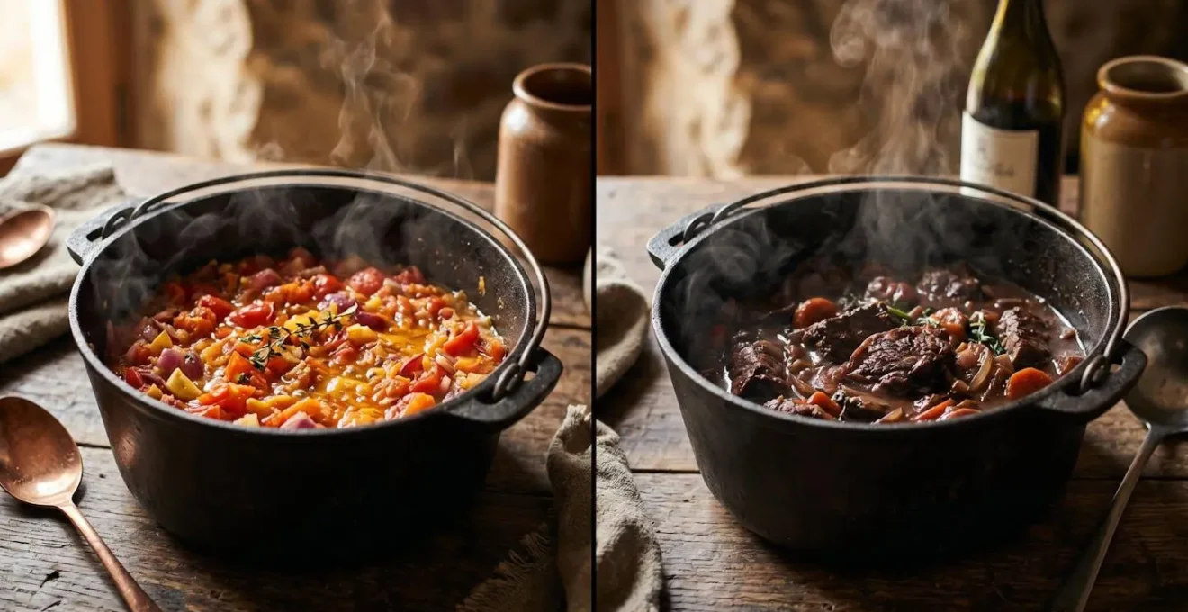 Deux marmites créoles côte à côte montrant des techniques de cuisson différentes