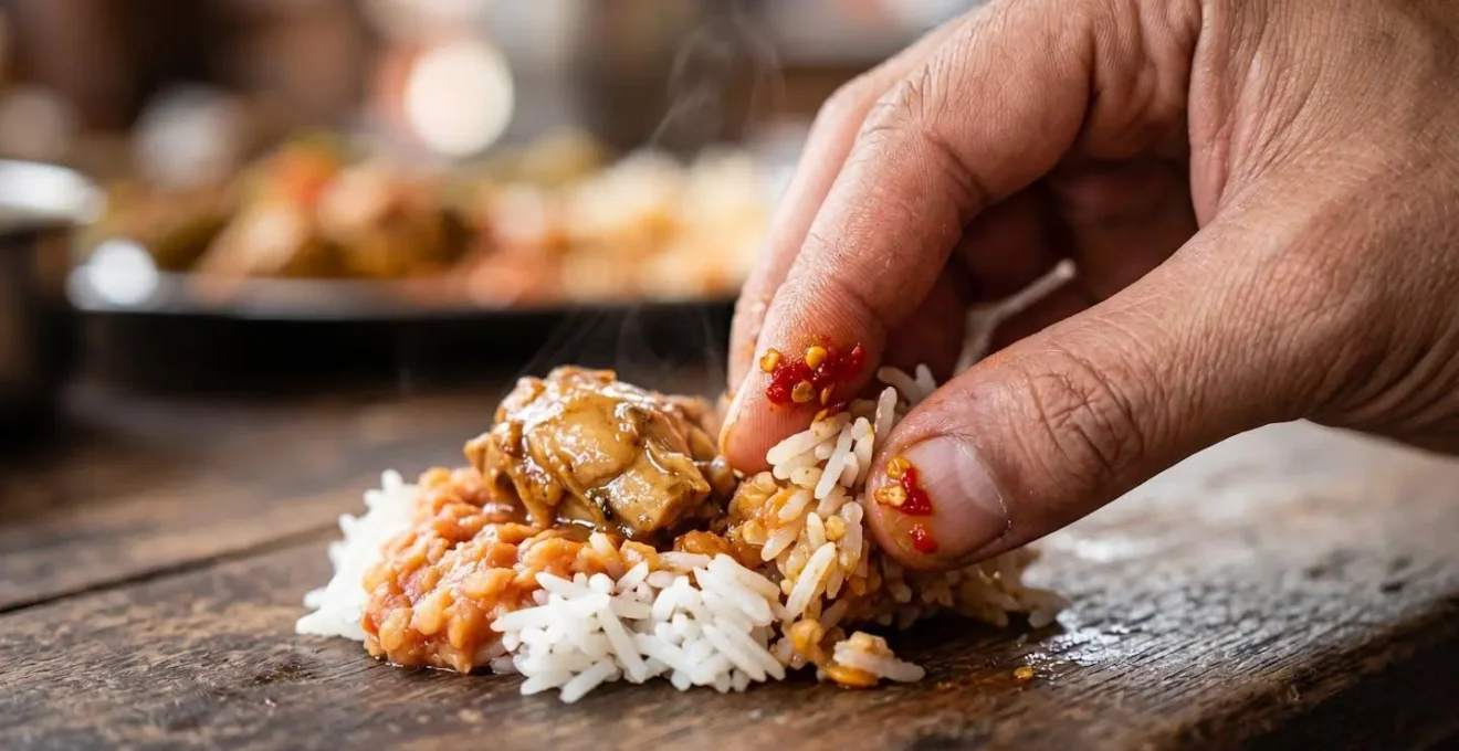 Gros plan sur une main formant la bouchée parfaite avec riz, grains et cari