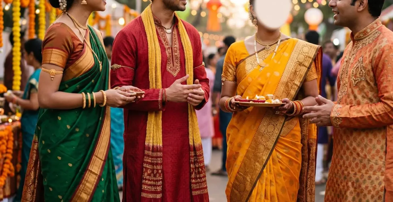 Femmes en saris colorés et hommes en kurtas lors du Dipavali