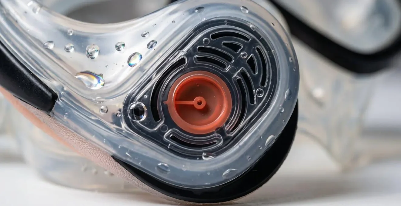 Gros plan sur un masque de snorkeling posé sur une surface avec reflets montrant le système de ventilation