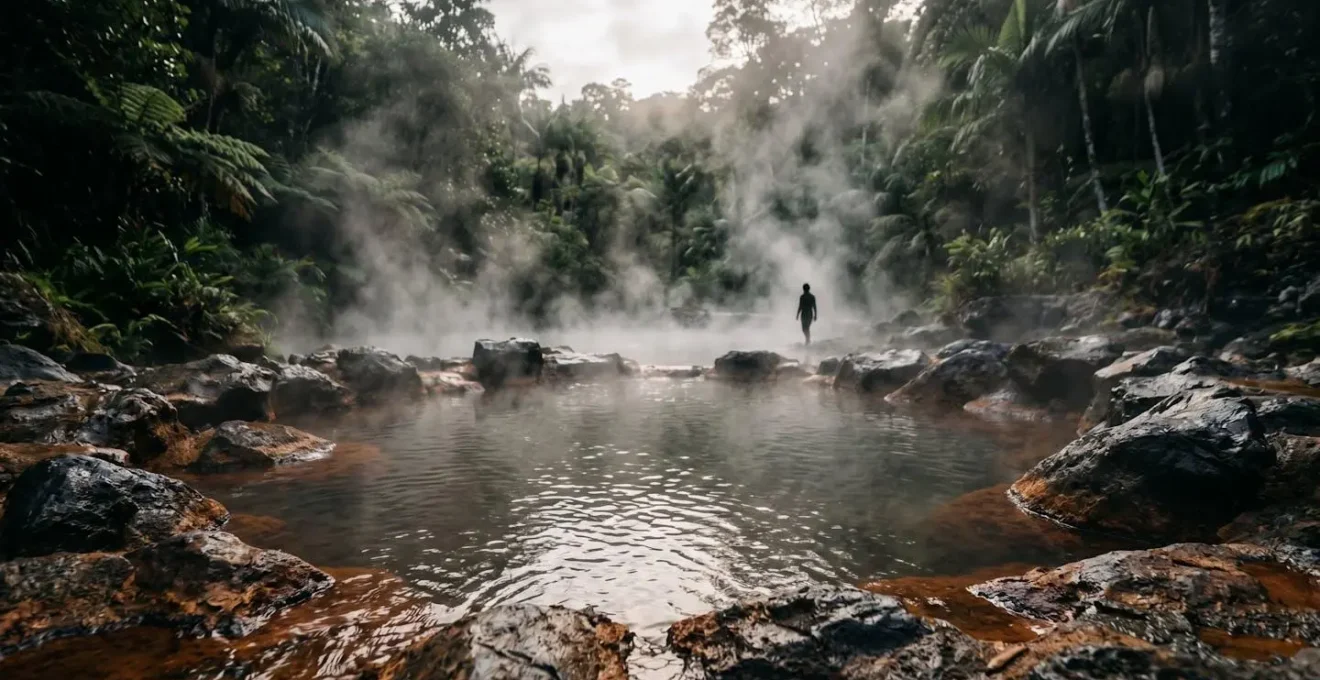 Bassin thermal naturel aux eaux ferrugineuses avec vapeur s'élevant dans la lumière dorée