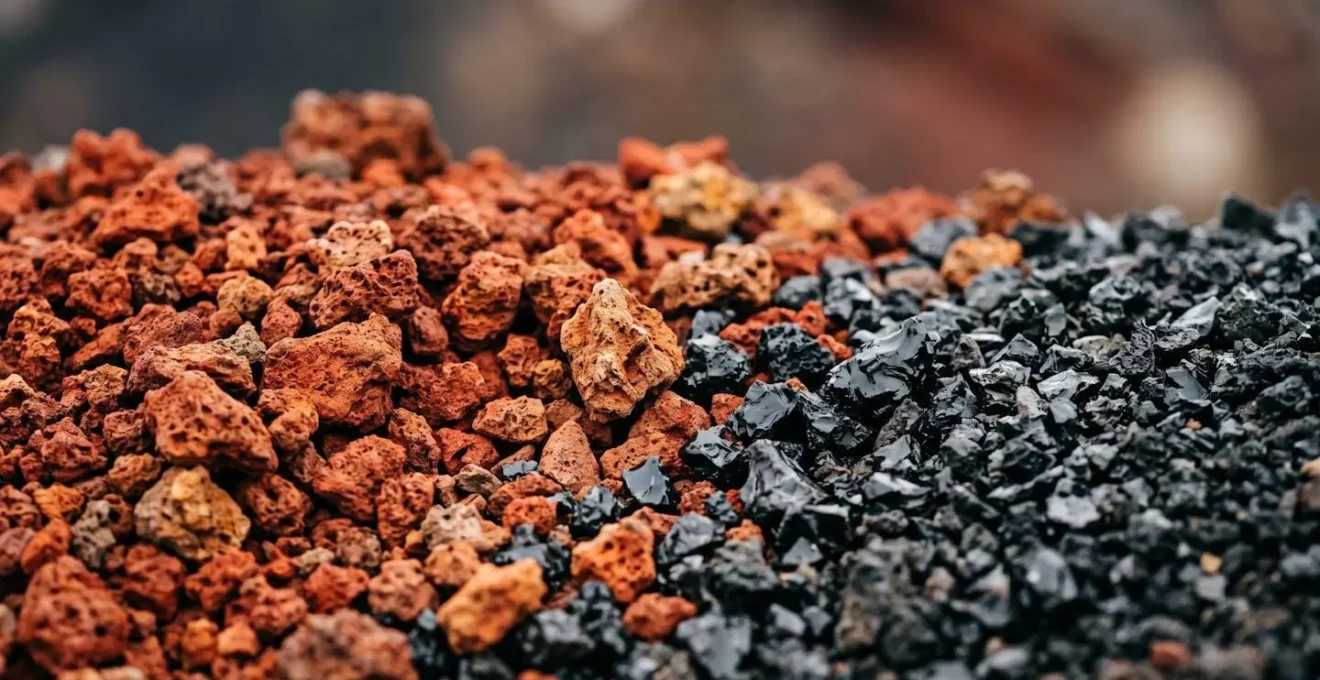 Vue macro de la transition entre le sable volcanique rouge oxydé et les lapillis noirs récents
