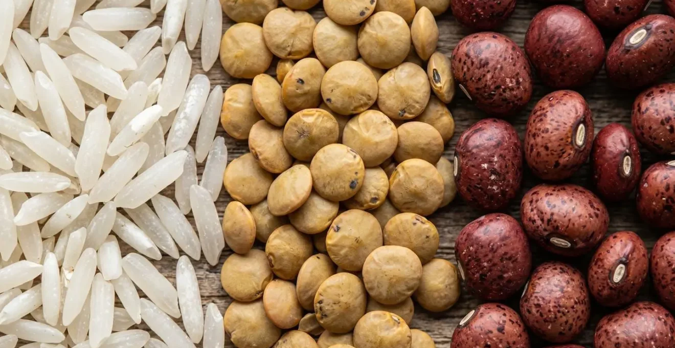 Vue macro de riz blanc, lentilles de Cilaos et pois du Cap disposés en harmonie