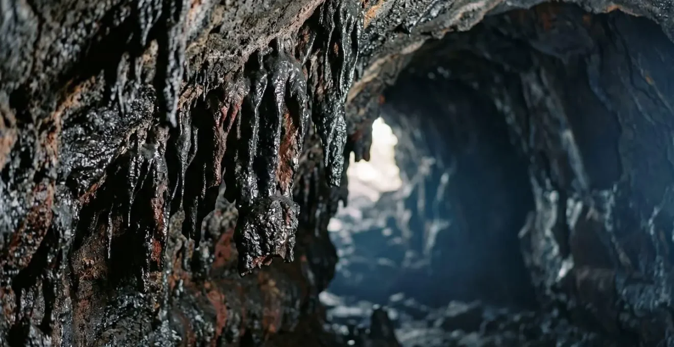 Intérieur d'un tunnel de lave avec formations rocheuses caractéristiques.