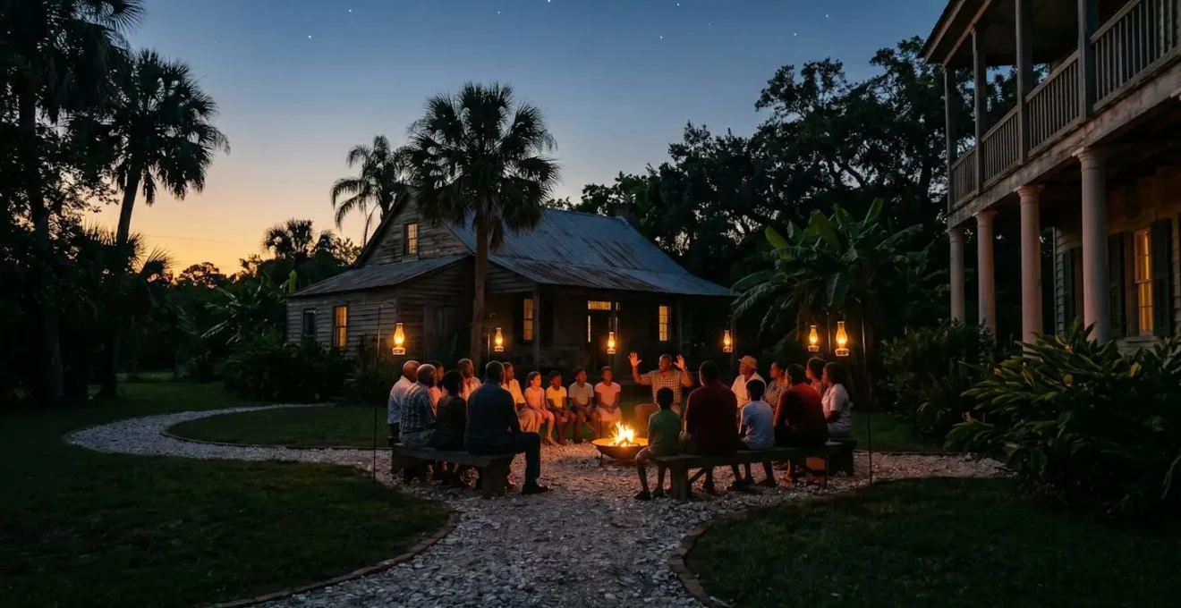 Vue large d'une veillée traditionnelle de contes créoles sous les étoiles tropicales