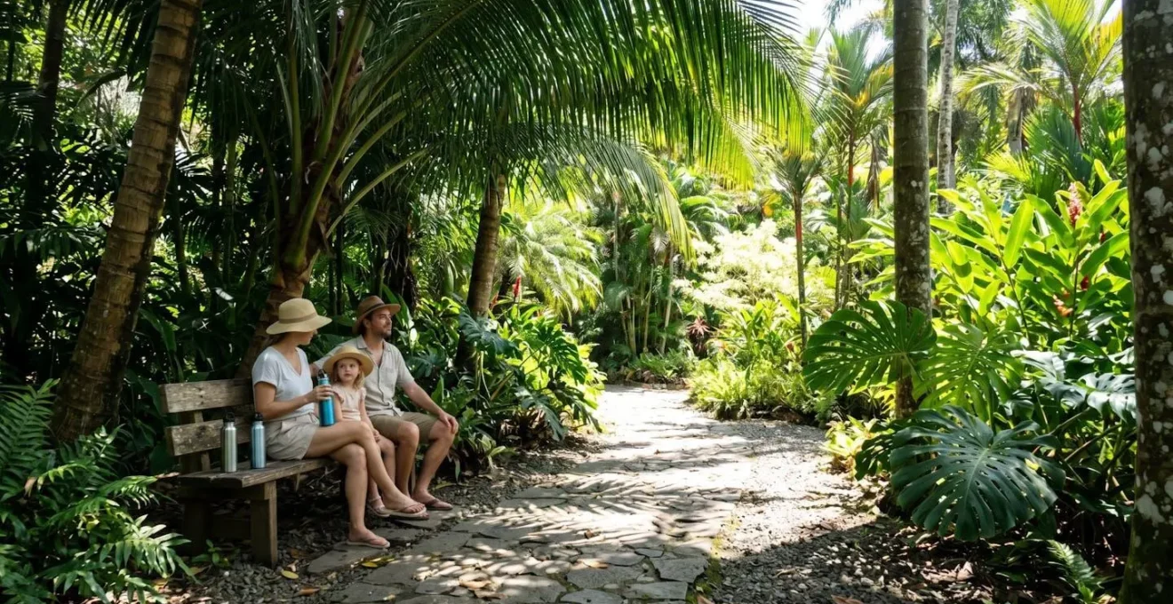Famille se reposant à l'ombre d'une allée de palmiers dans un jardin botanique tropical