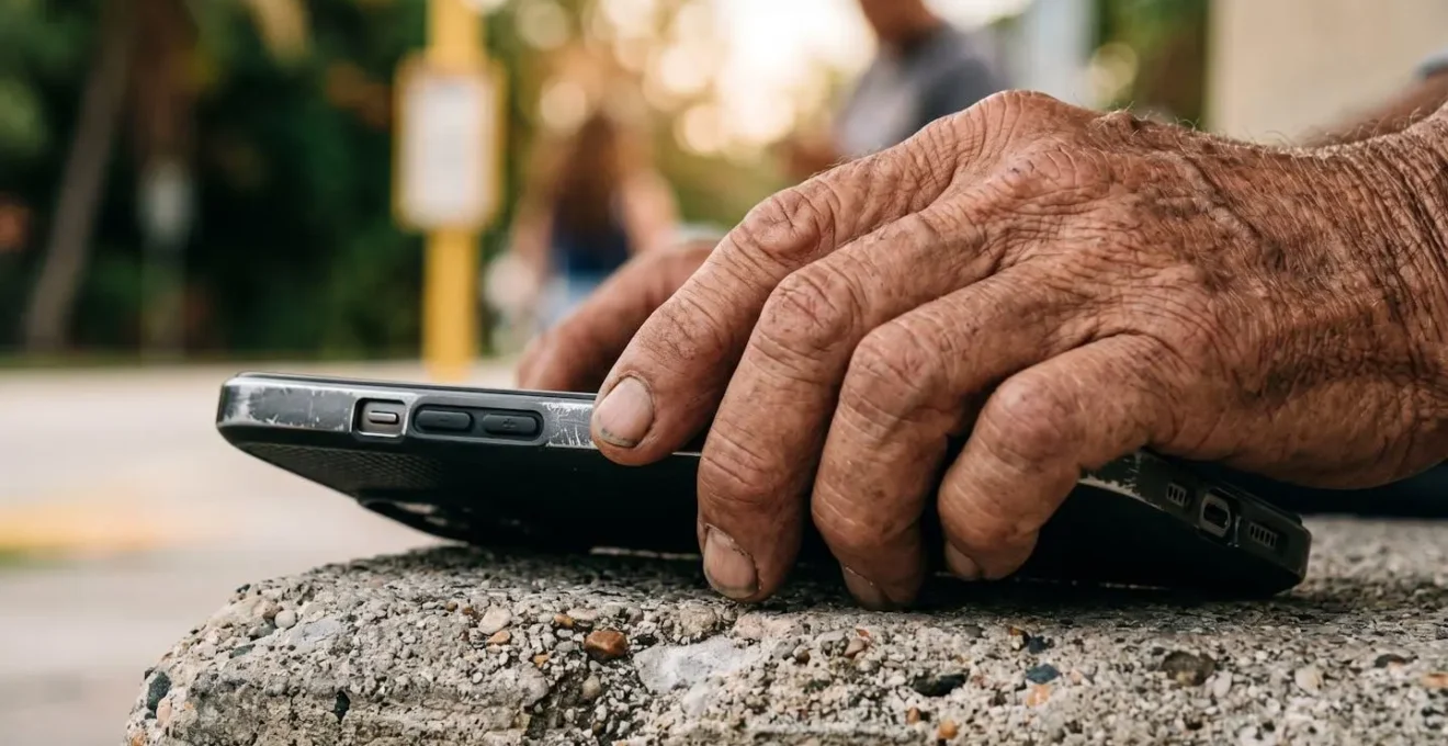 Gros plan sur les mains d'un voyageur consultant son téléphone à un arrêt de bus avec végétation tropicale en arrière-plan