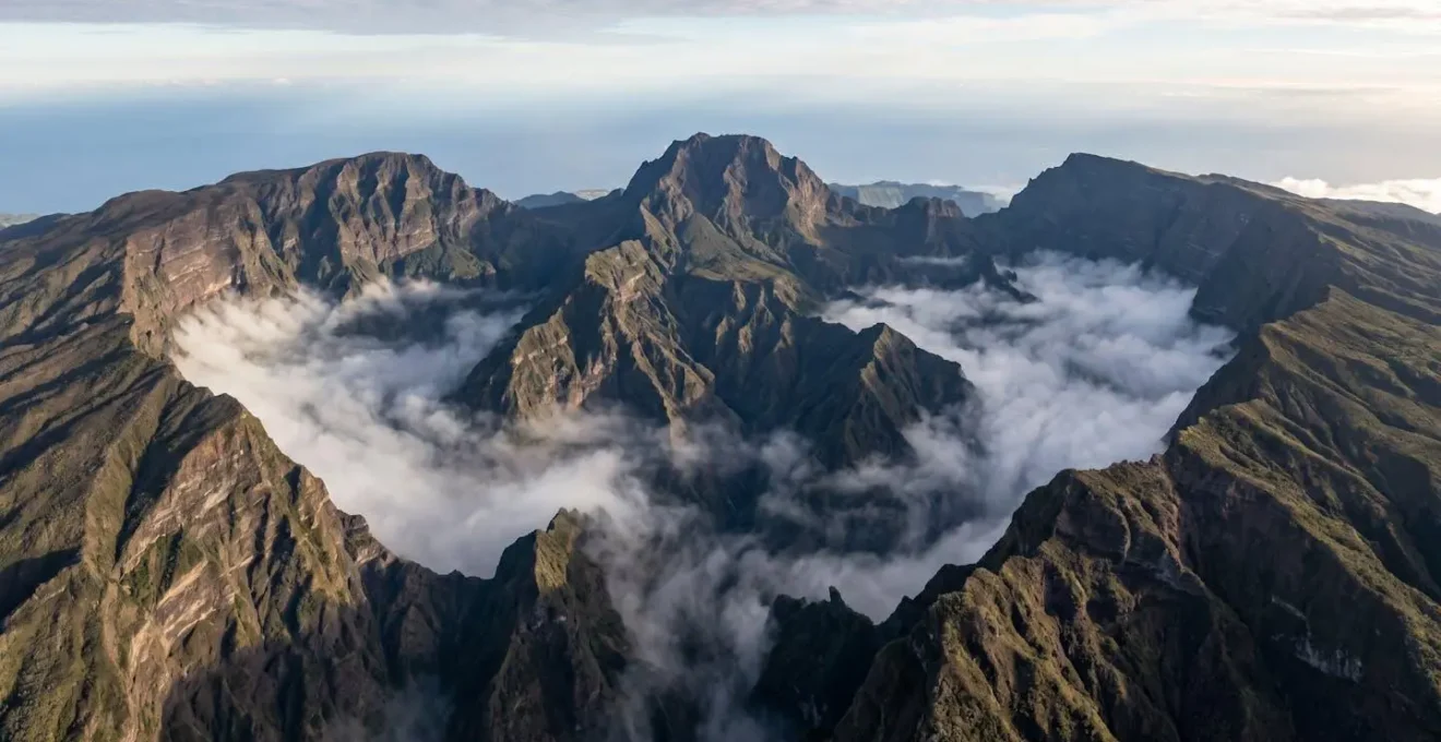 Vue aérienne panoramique des trois cirques volcaniques effondrés avec le Piton des Neiges au centre.