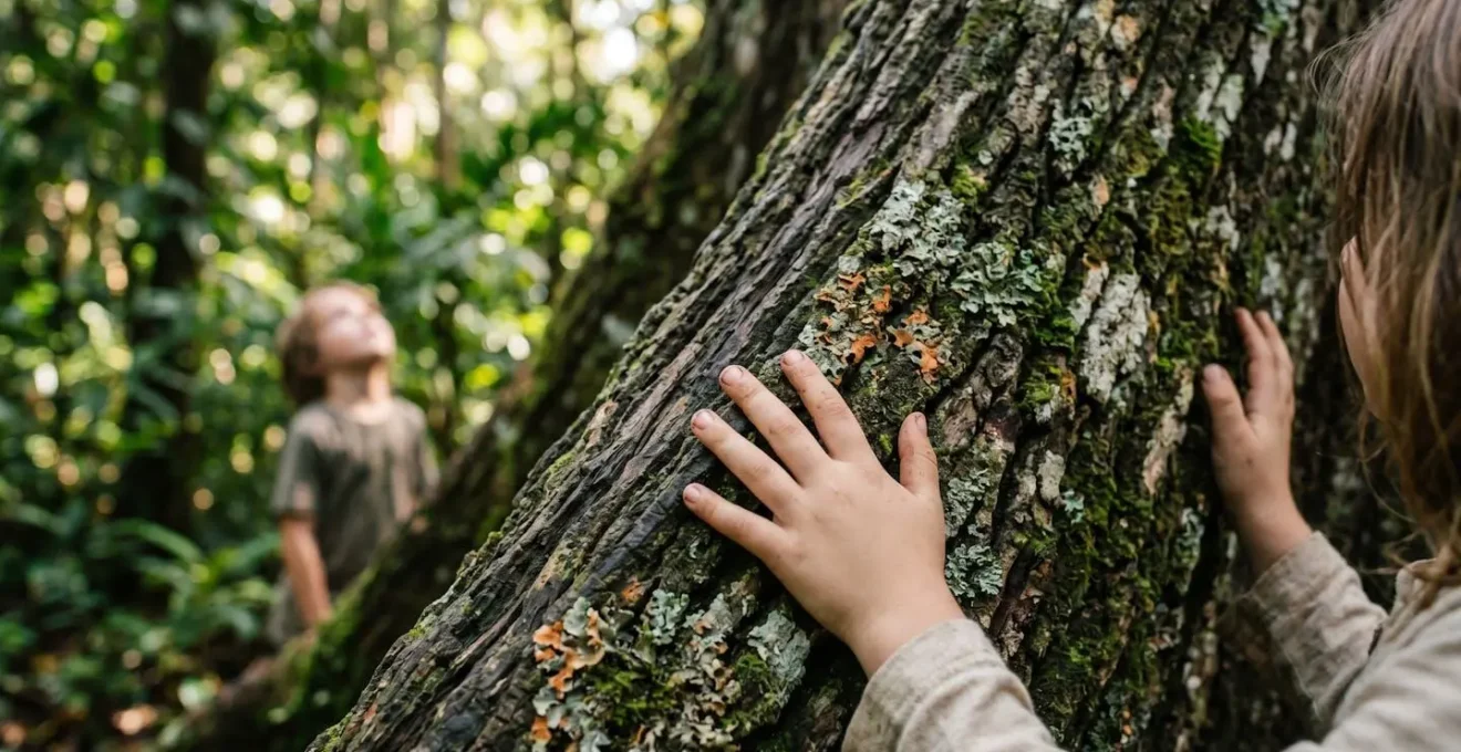 Enfants observant avec émerveillement un arbre géant aux racines aériennes dans un jardin botanique