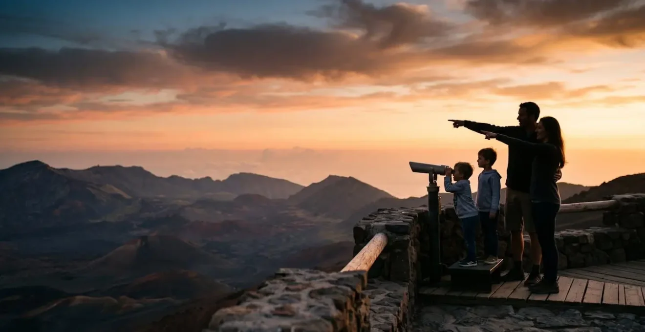 Famille au coucher de soleil sur un point de vue en altitude face au volcan